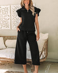 Black Textured Flutter Sleeve Top Wide Leg Pants Set - Toi ‘n’ Moi Ltd