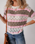Brown Stripe Color Block Hollow Out Crochet Half Sleeve Sweater - Toi ‘n’ Moi Ltd