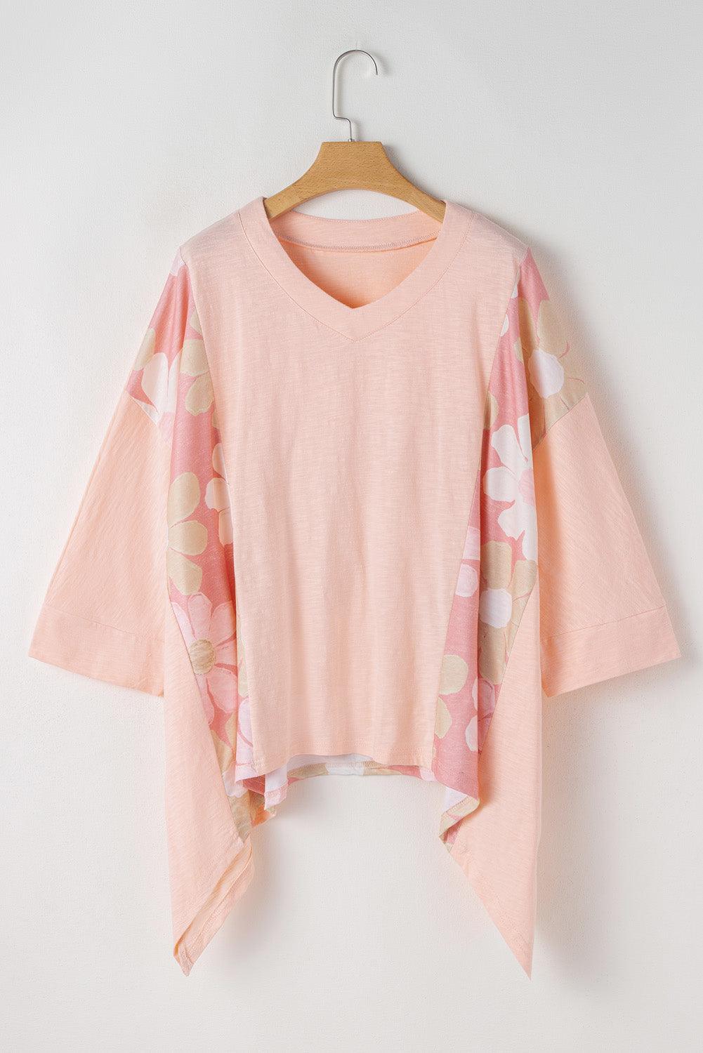Apricot Pink Plus Size Flower Patchwork Exposed Seam High Low Top - Toi ‘n’ Moi Ltd