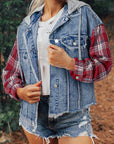 Beau Blue Plaid Print Patchwork Hooded Raw Hem Denim Jacket - Toi ‘n’ Moi Ltd