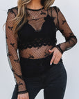 Black Bow Pattern Accent Mesh Long Sleeve Top - Toi ‘n’ Moi Ltd