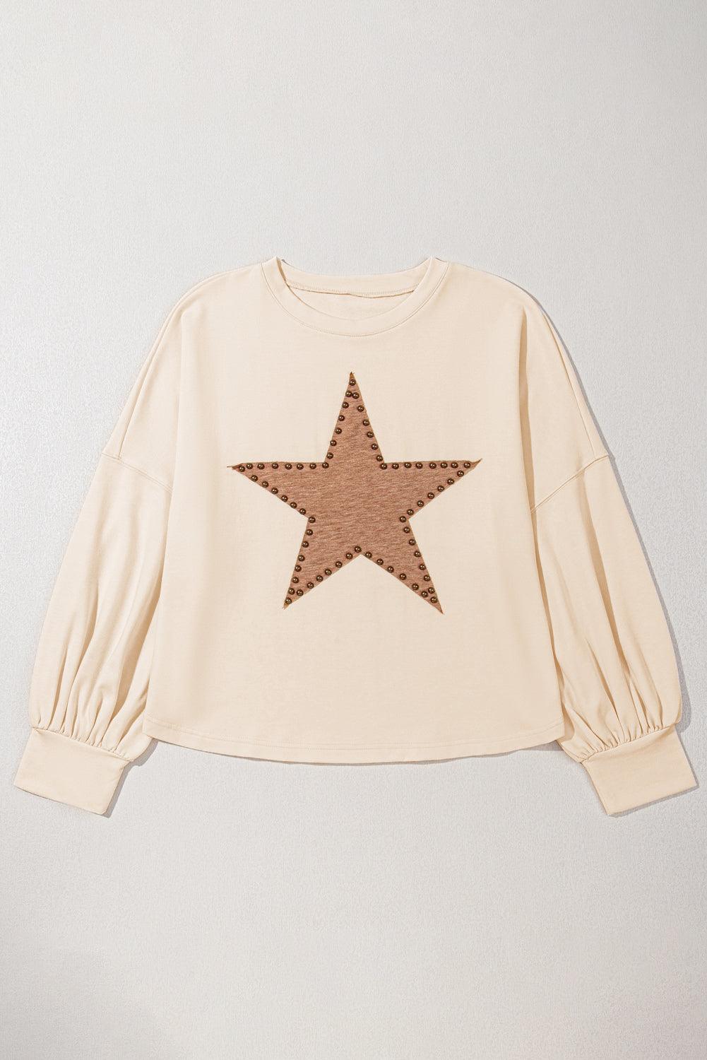 Beige Star Shape Studded Crew Neck Plus Size T Shirt - Toi ‘n’ Moi Ltd