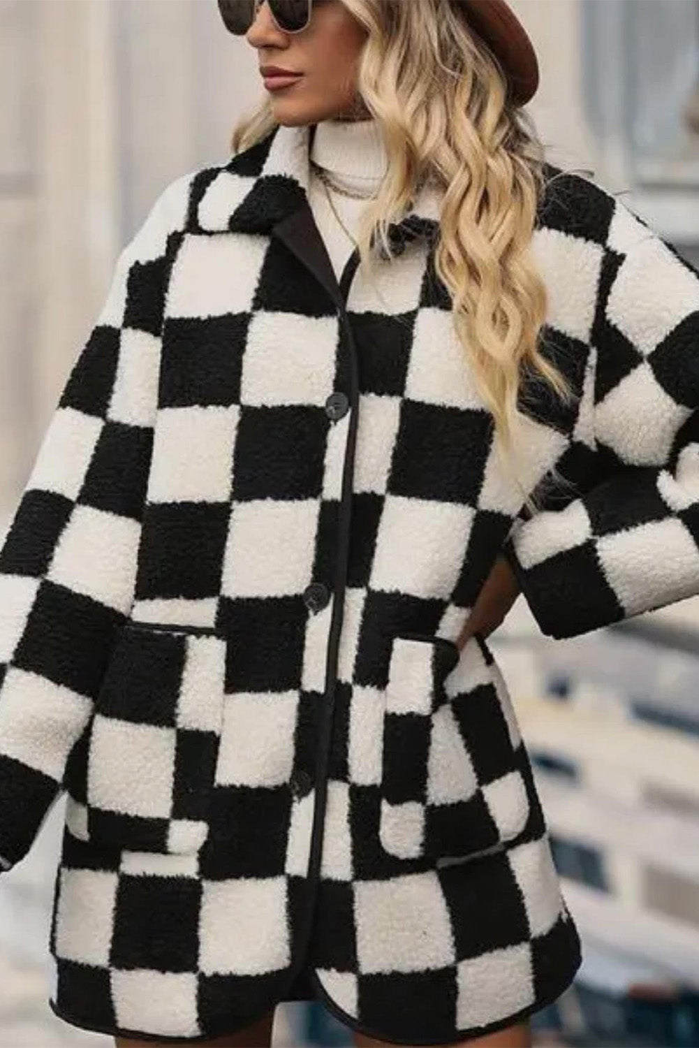 Black Checkered Side Pockets Collared Buttoned Fleece Jacket - Toi ‘n’ Moi Ltd