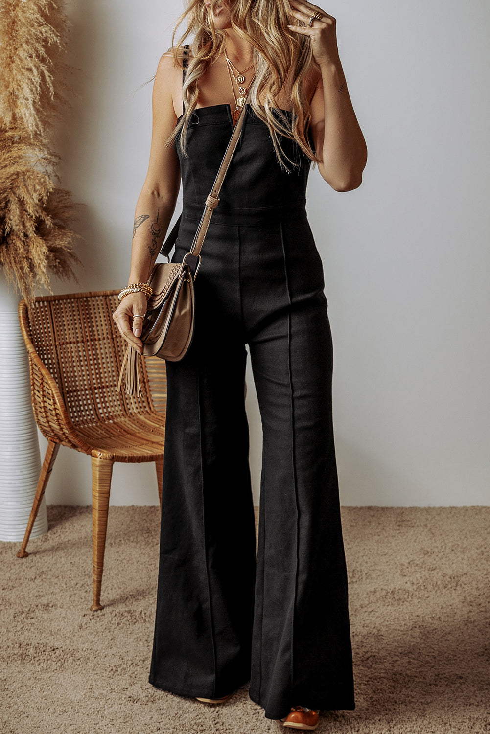 Black Seamed Zipper Spaghetti Strap High Waist Flared Jumpsuit - Toi ‘n’ Moi Ltd