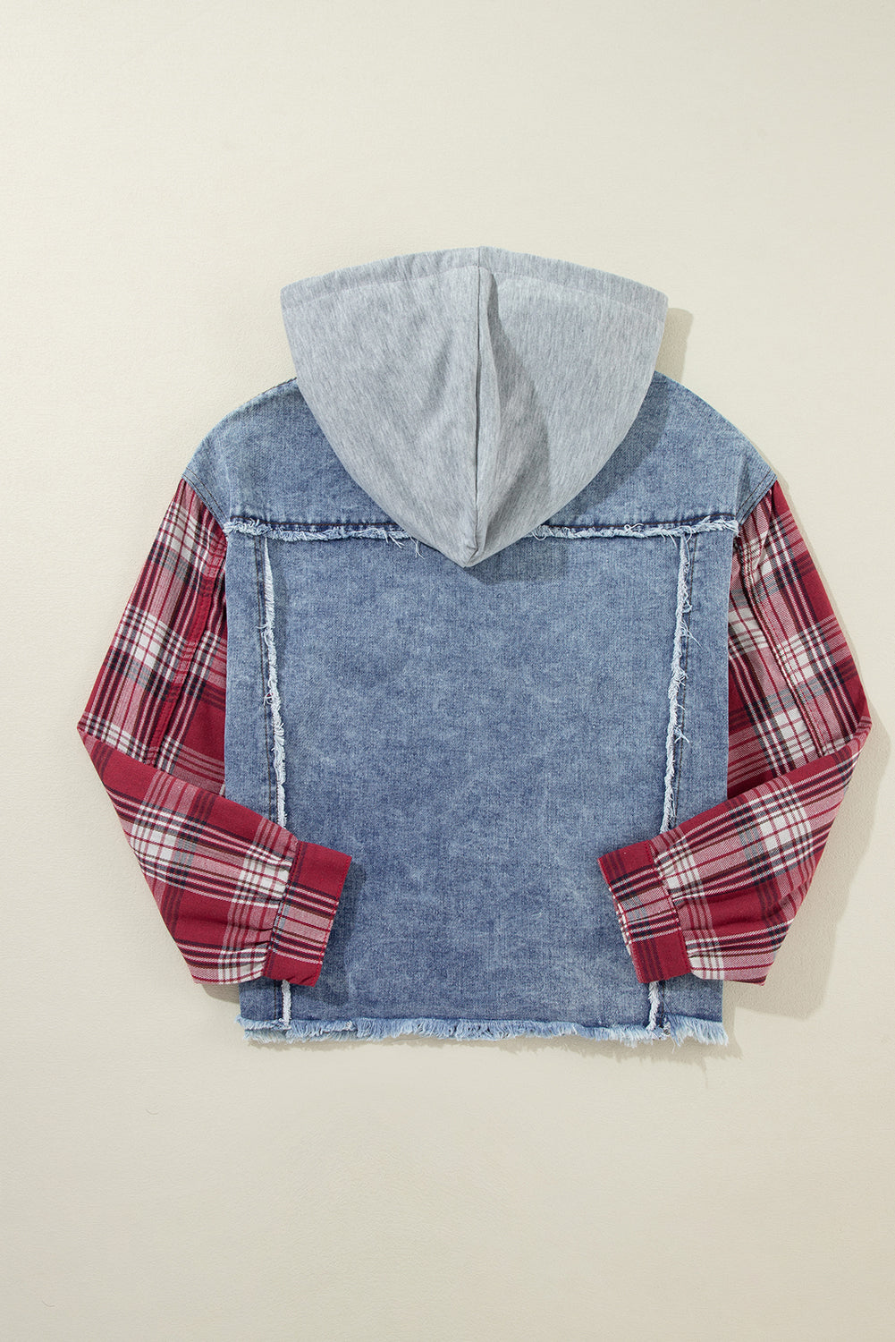 Beau Blue Plaid Print Patchwork Hooded Raw Hem Denim Jacket - Toi ‘n’ Moi Ltd