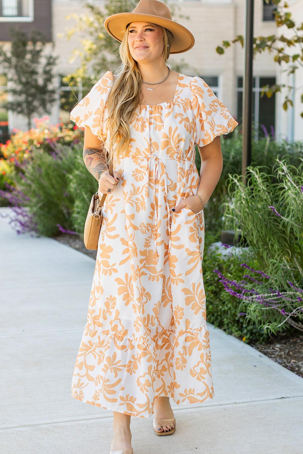 Apricot Floral Print Puff Short Sleeve Resort Plus Size Maxi Dress - Toi ‘n’ Moi Ltd