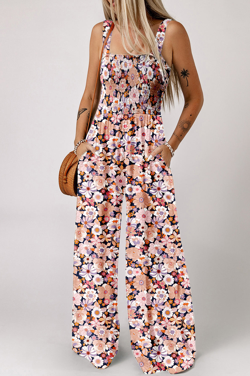 Black Floral Square Neckline Stretch High Waist Jumpsuit - Toi ‘n’ Moi Ltd