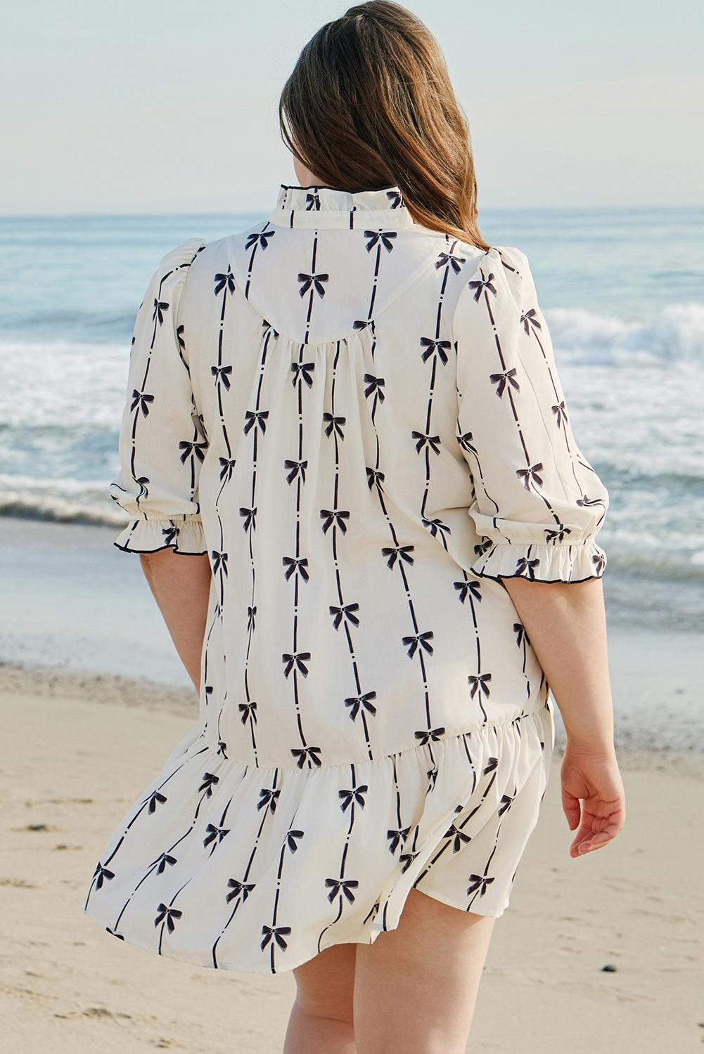 Apricot Bow Printed Puff Sleeve Ruffled Plus Size Mini Dress - Toi ‘n’ Moi Ltd