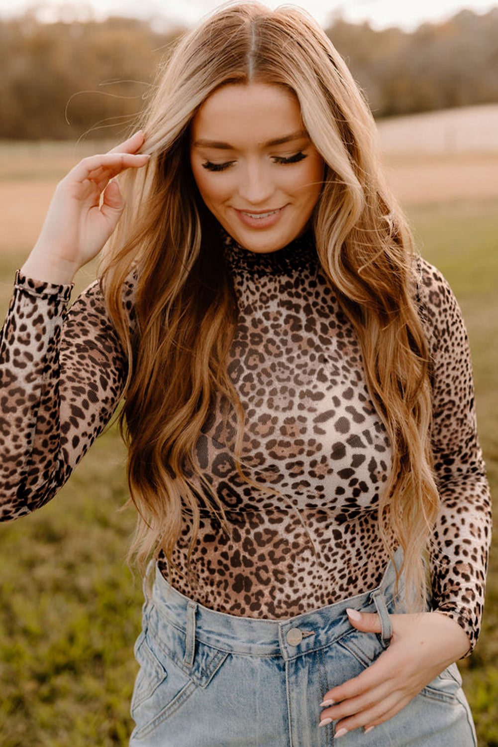 Brown Allover Leopard Print Smocked Neck Mesh Bodysuit - Toi ‘n’ Moi Ltd