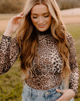 Brown Allover Leopard Print Smocked Neck Mesh Bodysuit - Toi ‘n’ Moi Ltd