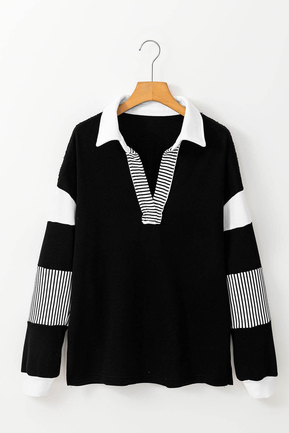 Black Striped Colorblock Patchwork Collar Sweatshirt - Toi ‘n’ Moi Ltd
