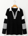 Black Striped Colorblock Patchwork Collar Sweatshirt - Toi ‘n’ Moi Ltd