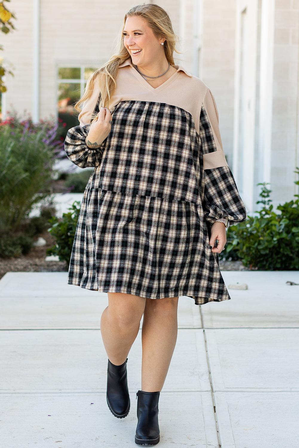 Black Plaid Waffle Knit Patchwork Collared V Neck Plus Size Mini Dress - Toi ‘n’ Moi Ltd