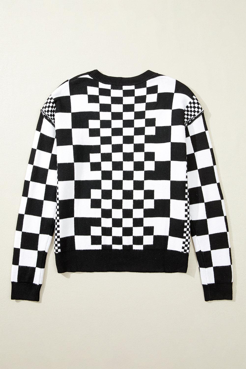Black Checkered Print Drop Shoulder Round Neck Sweater - Toi ‘n’ Moi Ltd