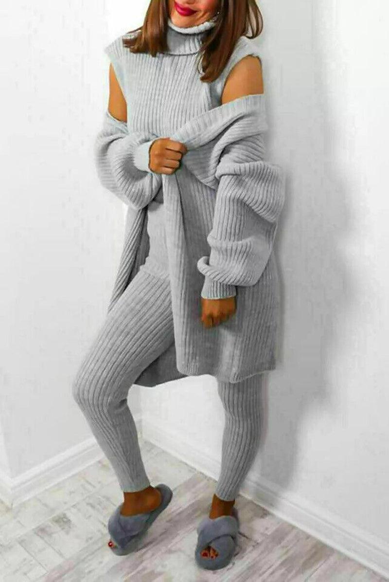 Womens 3 Piece Suit Roll Neck Chunky Knitted Tracksuit Ladies Rib Loungewear Set - Toi ‘n’ Moi Ltd