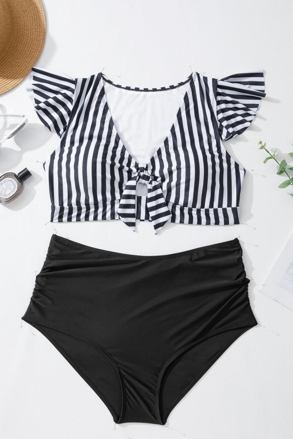 Black Stripe Plus Size Knot Cutout Ruffle Sleeve and High Waisted 2pcs Swimsuit - Toi ‘n’ Moi Ltd