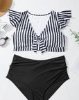 Black Stripe Plus Size Knot Cutout Ruffle Sleeve and High Waisted 2pcs Swimsuit - Toi ‘n’ Moi Ltd