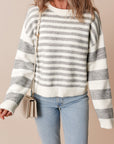 Gray Stripe Drop Shoulder Crew Neck Sweater