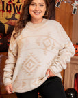 Apricot Plus Size Western Aztec Print Loose Sweater - Toi ‘n’ Moi Ltd
