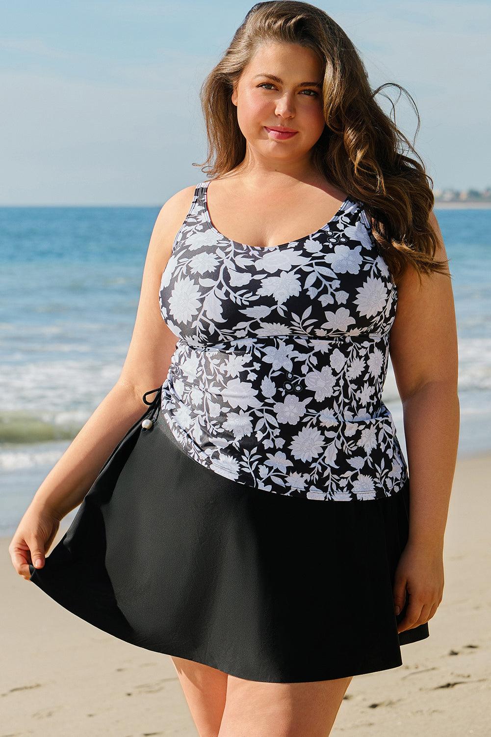 Black Plus Size Printed Square Neck Drawstring Ruffled Tankini Set - Toi ‘n’ Moi Ltd