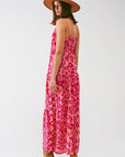 Floral Print Maxi Dress With v Neck in Pink