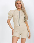 Front Pocket Zip Up Suit Ribbed Hooded Lounge Wear Short Set - Toi ‘n’ Moi Ltd