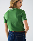 Green Short Sleeve Sweater With White Line Detail