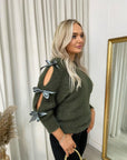 Cut Out Tie Bow Sleeve Detail Chunky Knitted Top