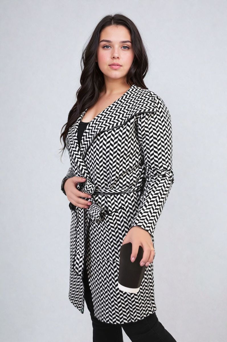 Check Print Full Sleeve Notched Lapel Collar Neck Belted Coat - Toi ‘n’ Moi Ltd