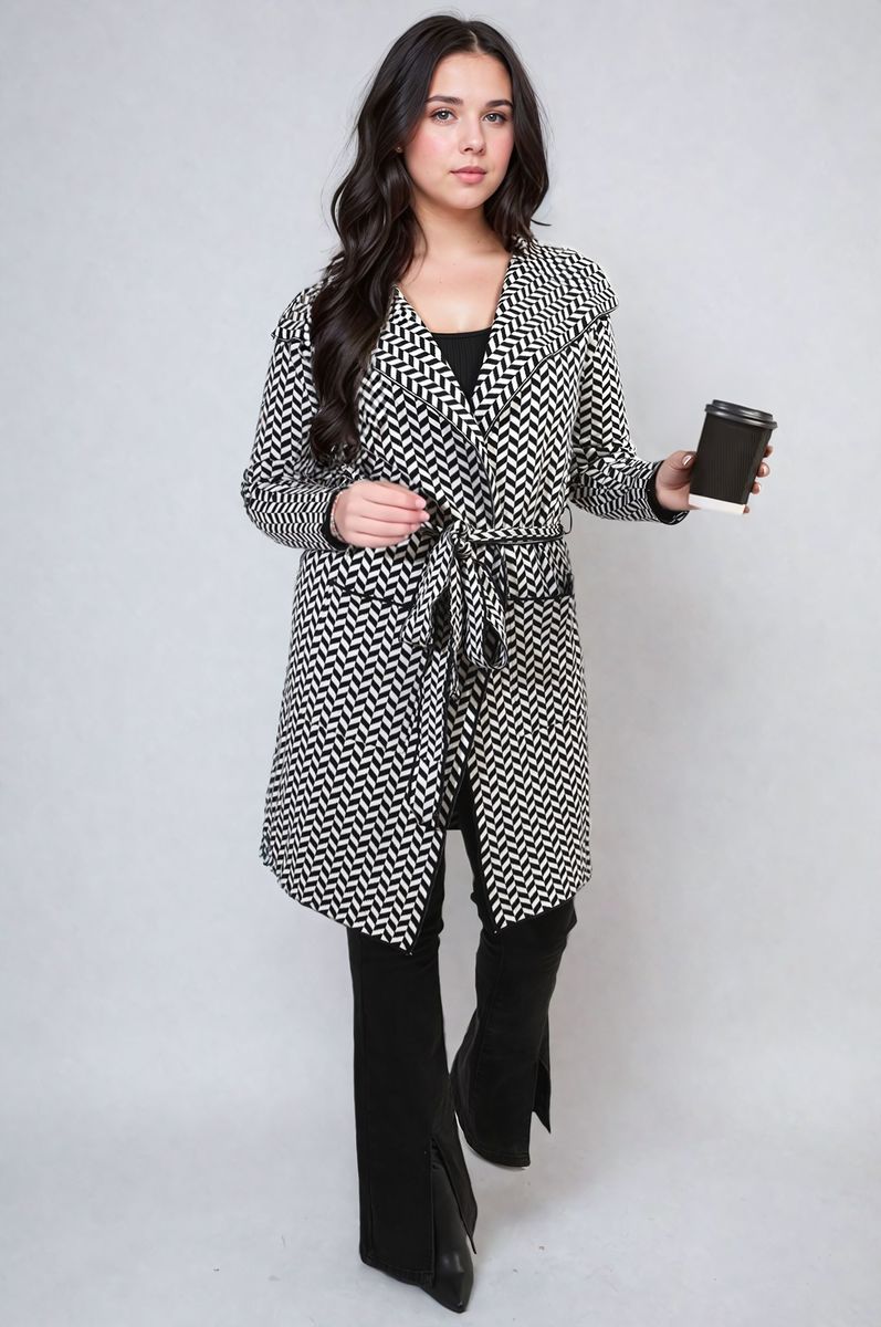 Check Print Full Sleeve Notched Lapel Collar Neck Belted Coat - Toi ‘n’ Moi Ltd