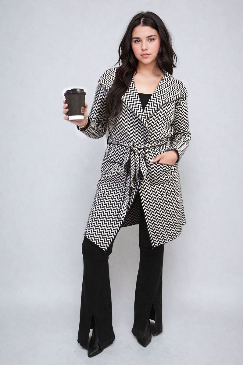 Check Print Full Sleeve Notched Lapel Collar Neck Belted Coat - Toi ‘n’ Moi Ltd