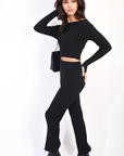 Knitted Long Sleeves Cropped Off Shoulder Top and Trousers Co-ord Set