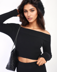 Knitted Long Sleeves Cropped Off Shoulder Top and Trousers Co-ord Set