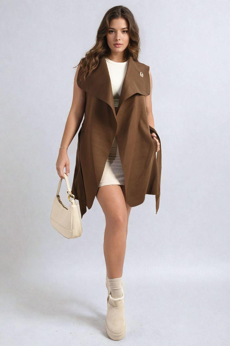 Wide Lapel Sleeveless Belted Jacket - Toi ‘n’ Moi Ltd