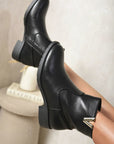 V-shaped Gold Ornament Zip Closure Flat Ankle Boots