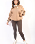 Oversized Ruched Sleeves Knitted Hoodie with Ribbon Detail