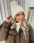 Pom Pom Knitted Winter Hat With Pearl Decor