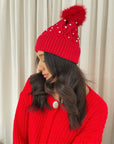 Pom Pom Knitted Winter Hat With Pearl Decor