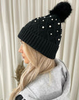 Pom Pom Knitted Winter Hat With Pearl Decor