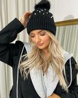 Pom Pom Knitted Winter Hat With Pearl Decor