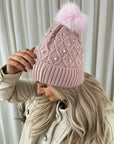 Pom Pom Knitted Winter Hat With Pearl Decor