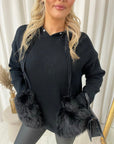 Pompom Faux Fur Trim Knitted Hoodie