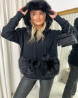 Pompom Faux Fur Trim Knitted Hoodie