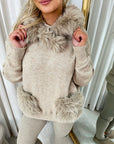 Pompom Faux Fur Trim Knitted Hoodie