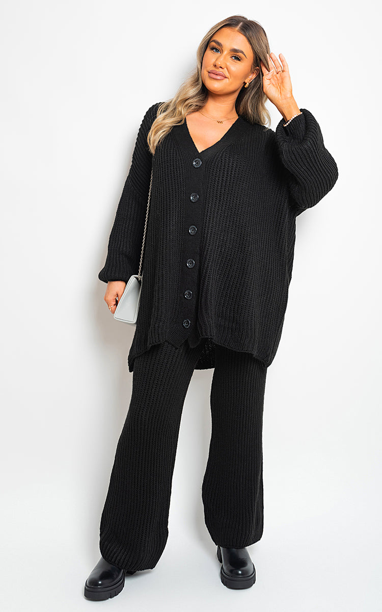 Chunky Knitted Button Up Cardigan Wide Leg Trousers Co-ord Set - Toi ‘n’ Moi Ltd