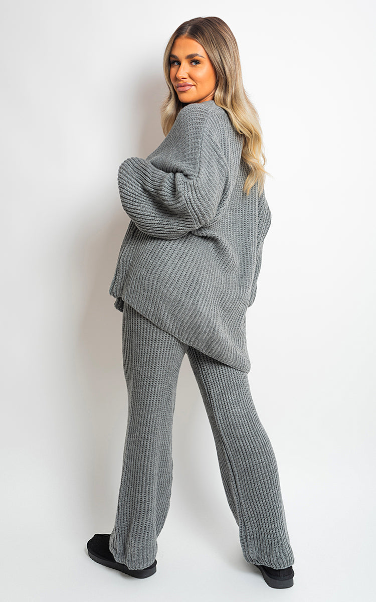 Chunky Knitted Button Up Cardigan Wide Leg Trousers Co-ord Set - Toi ‘n’ Moi Ltd