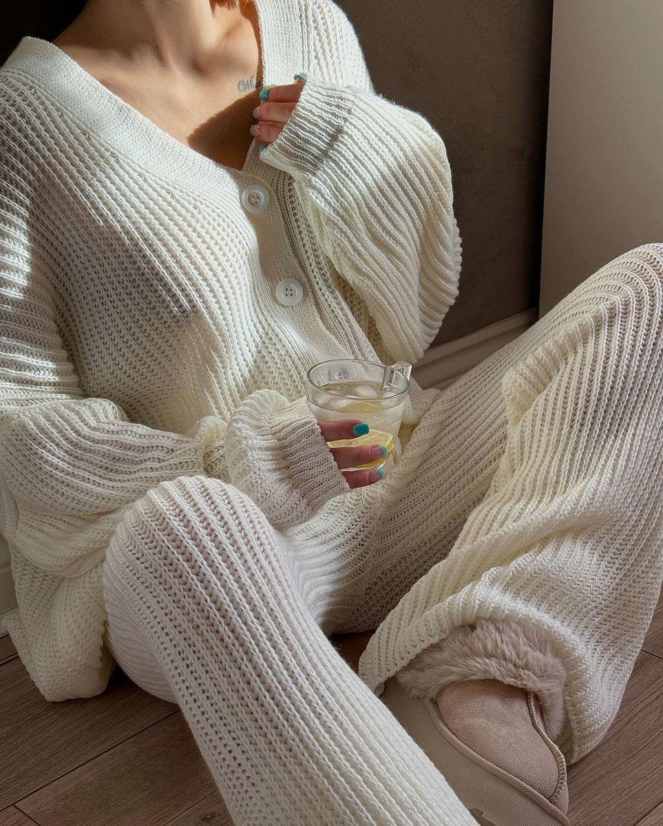 Chunky Knitted Button Up Cardigan Wide Leg Trousers Co-ord Set - Toi ‘n’ Moi Ltd