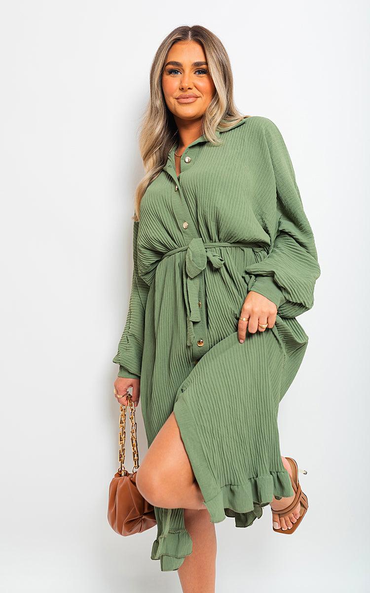 Pleated Frill Button Tie Waist Midi Dress - Toi ‘n’ Moi Ltd