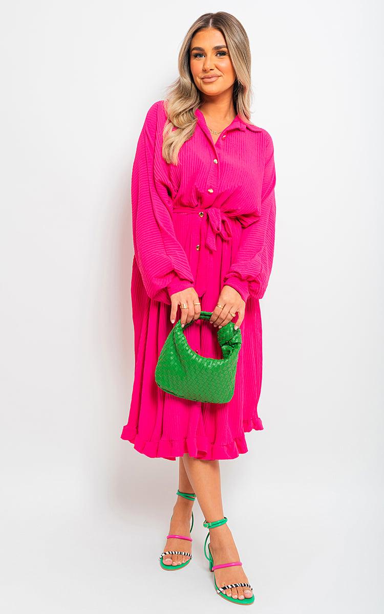 Pleated Frill Button Tie Waist Midi Dress - Toi ‘n’ Moi Ltd