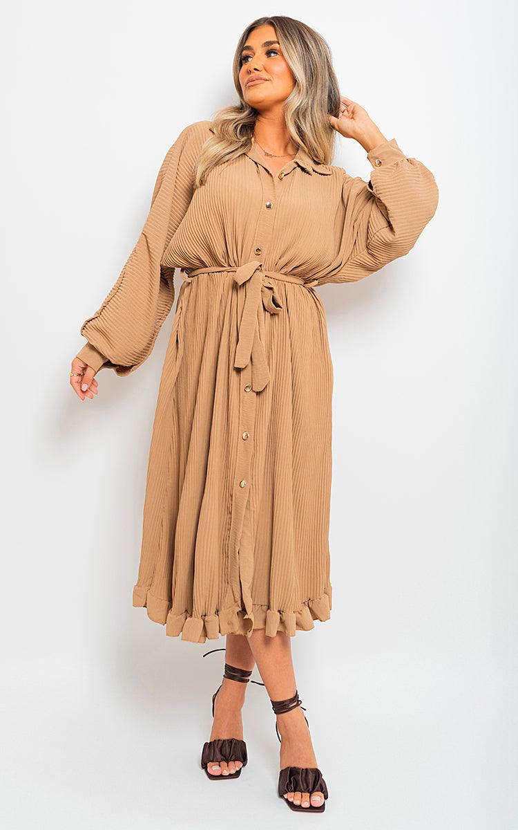 Pleated Frill Button Tie Waist Midi Dress - Toi ‘n’ Moi Ltd